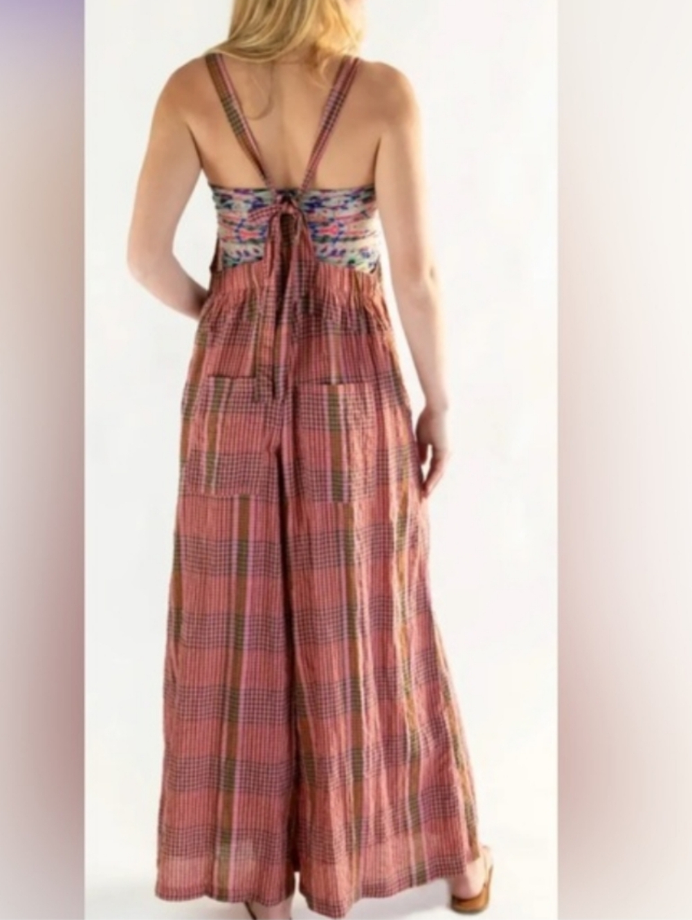 Natural Life Dakota Plaid Tie Overalls in Pink Plaid - Picture 2 of 5